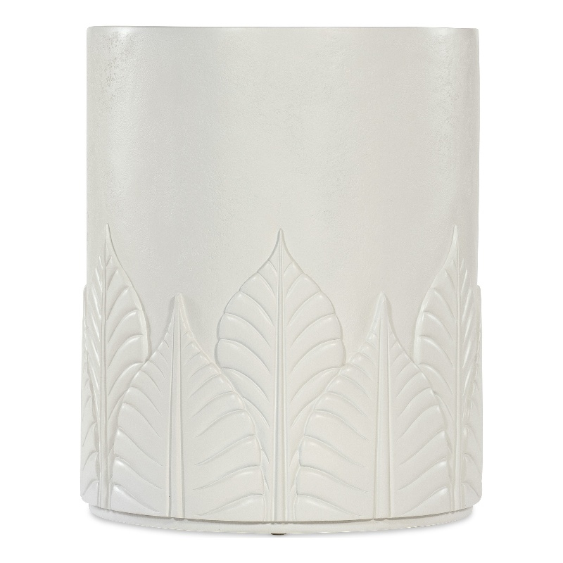 Bowery Hill Round End Table with Embossed Leaf Motif in White Wood