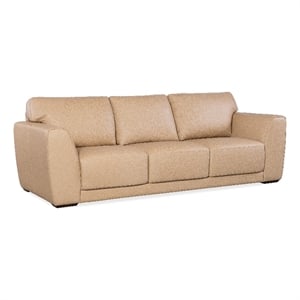 Bowery Hill Wide Arm Stationary Leather Sofa in Beige with Block Feet