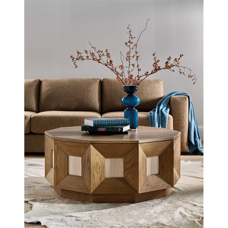 Bowery Hill 10 Sided Decagon Cocktail Table in Natural Oak with Marble