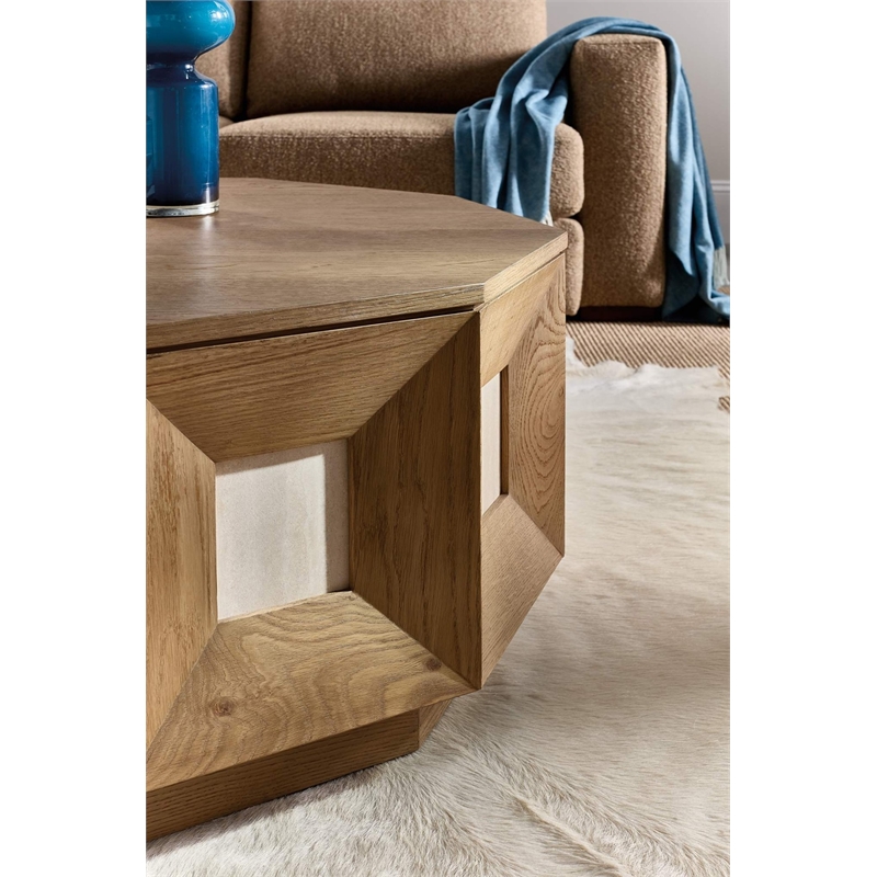 Bowery Hill 10 Sided Decagon Cocktail Table in Natural Oak with Marble
