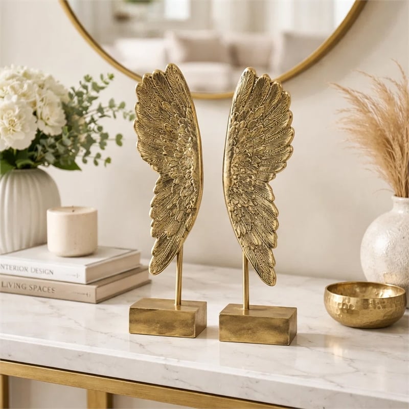 Bowery Hill Angel Wing Bookend Set in Gold Resin with Antique Highlights