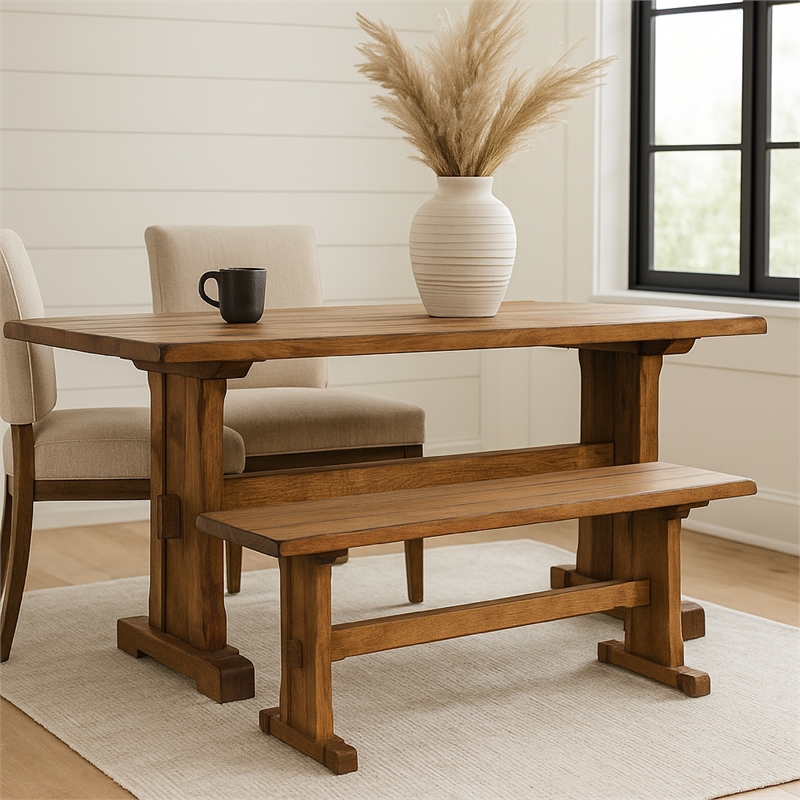 Bowery Hill Dining Bench with Trestle Base in Light Brown Mindi Wood