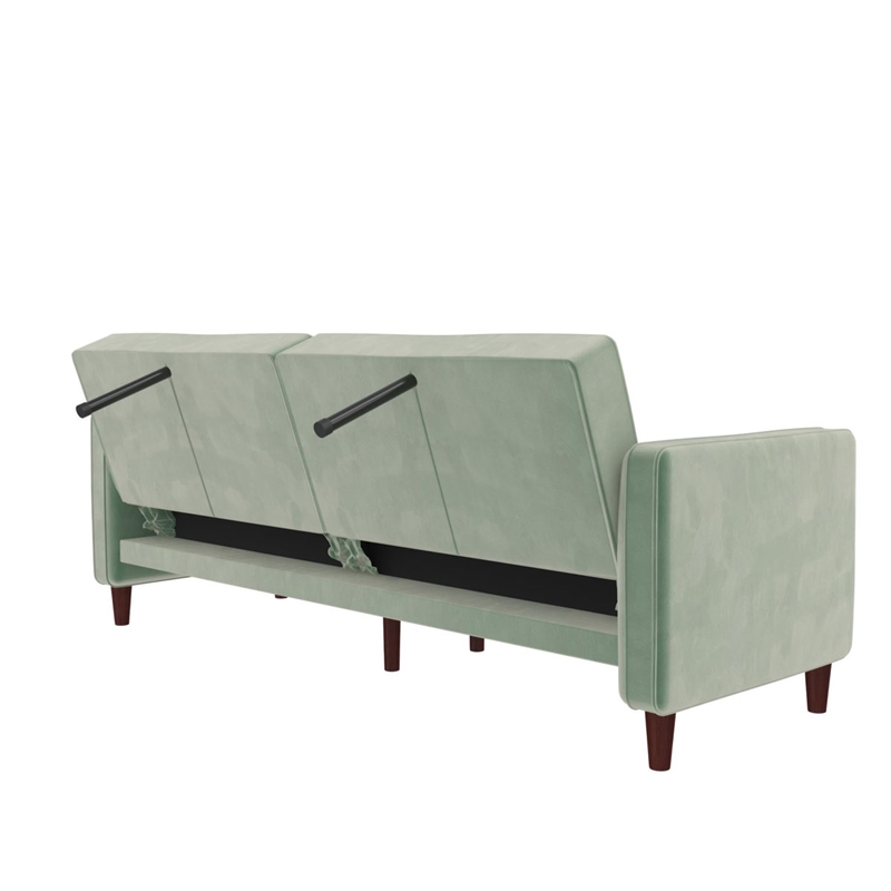Bowery Hill Convertible Futon in Light Green Velvet with Tapered Legs