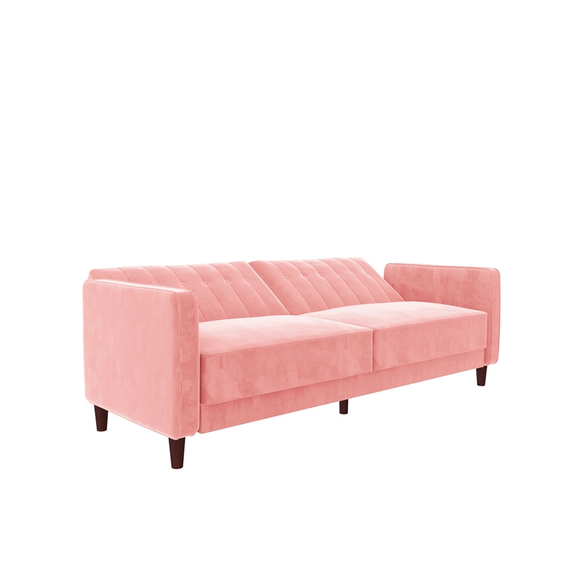 Bowery Hill Convertible Futon in Pink Velvet with Tapered Legs