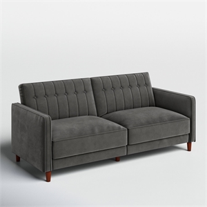 Bowery Hill Convertible Futon in Gray Velvet with Tapered Legs