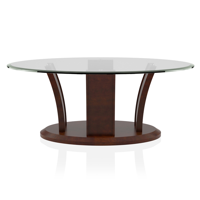 Bowery Hill Glass Top 3-Piece Coffee Table Set in Dark Cherry Finish