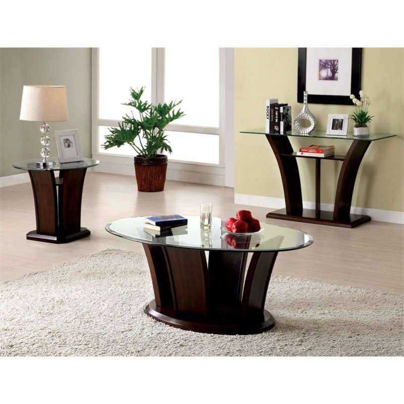 Bowery Hill Glass Top 3-Piece Coffee Table Set in Dark Cherry Finish