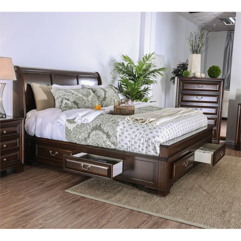 Bowery Hill Wood King Storage Platform Bed in Brown Cherry