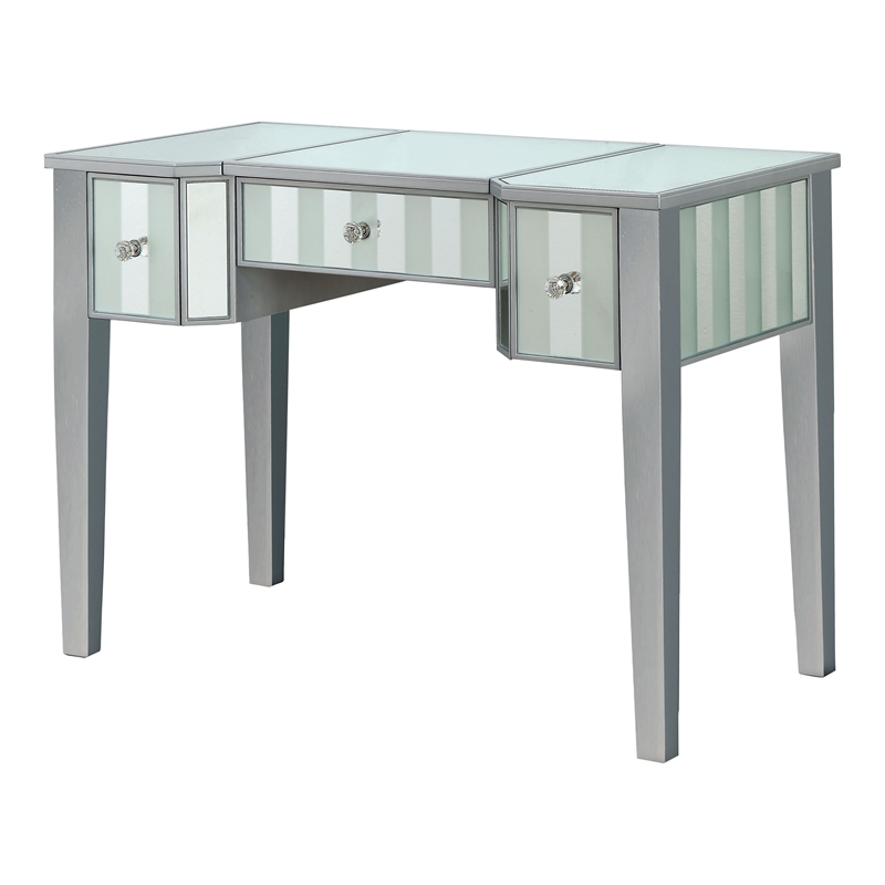 Bowery Hill Wood Flip-Top 3-Piece Vanity Set in Silver with Mirror