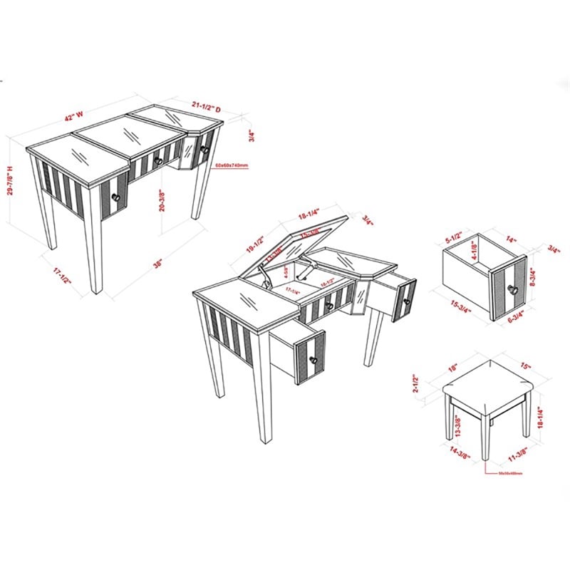 Bowery Hill Wood Flip-Top 3-Piece Vanity Set in Silver with Mirror