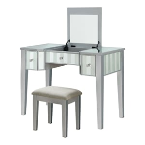 Bowery Hill Wood Flip-Top 3-Piece Vanity Set in Silver with Mirror