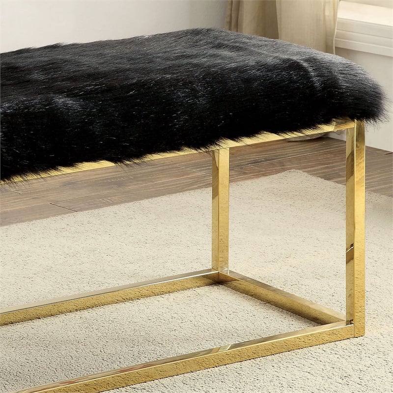 Bowery Hill Faux Fur Long Bench in Black with Gold Frame
