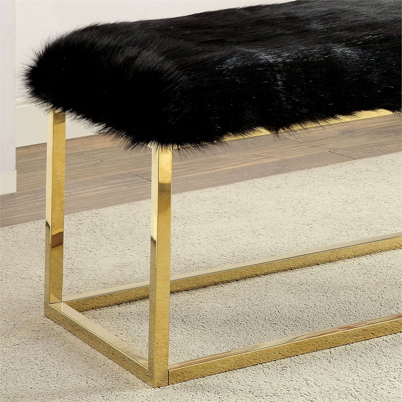 Bowery Hill Faux Fur Long Bench in Black with Gold Frame