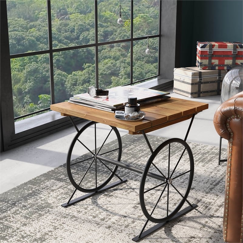 Bowery Hill Wood and Steel Wheel-Base End Table in Warm Oak & Black