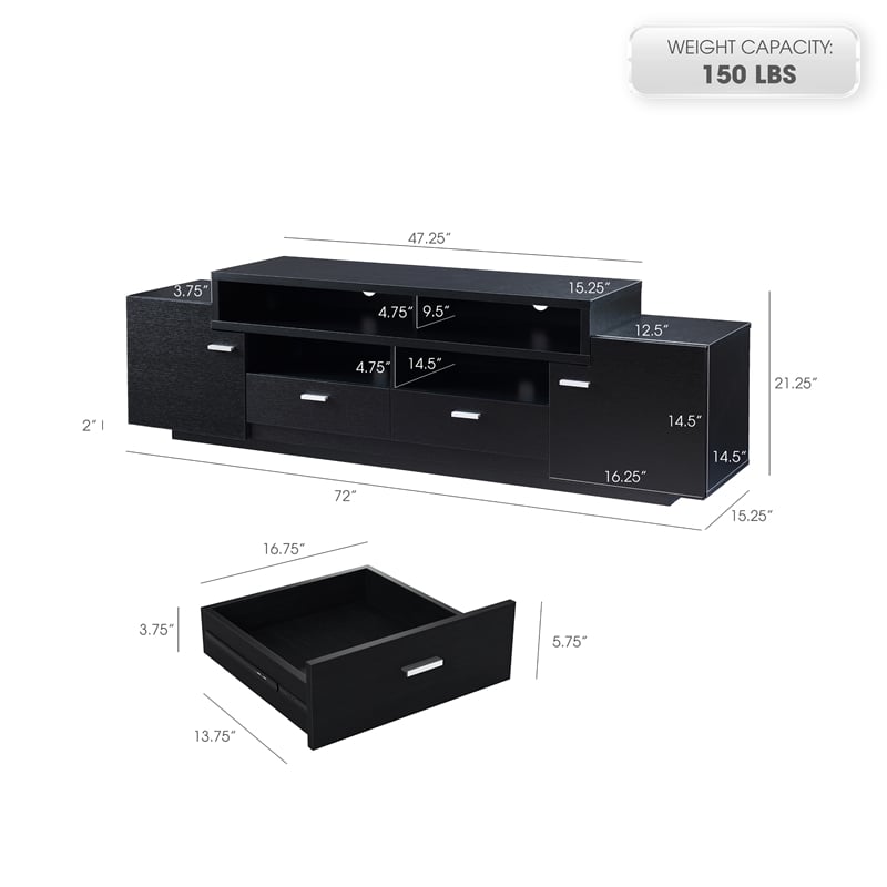 Bowery Hill Multi-Storage 72-Inch Wood TV Stand in Black Finish