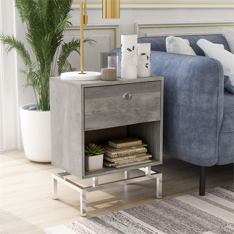 Bowery Hill Light Gray Wood 1-Drawer End Table with USB Port