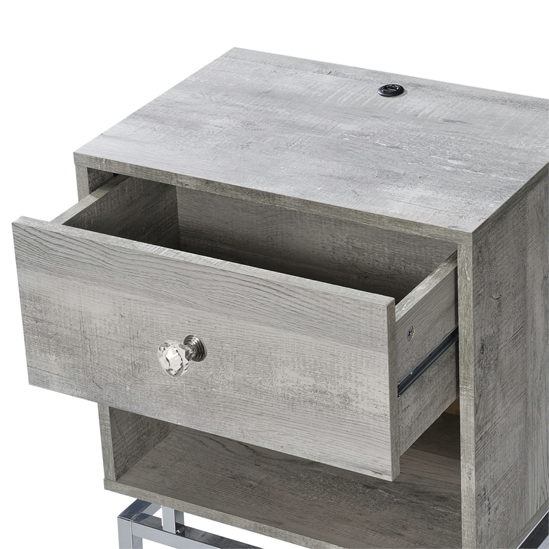 Bowery Hill Light Gray Wood 1-Drawer End Table with USB Port