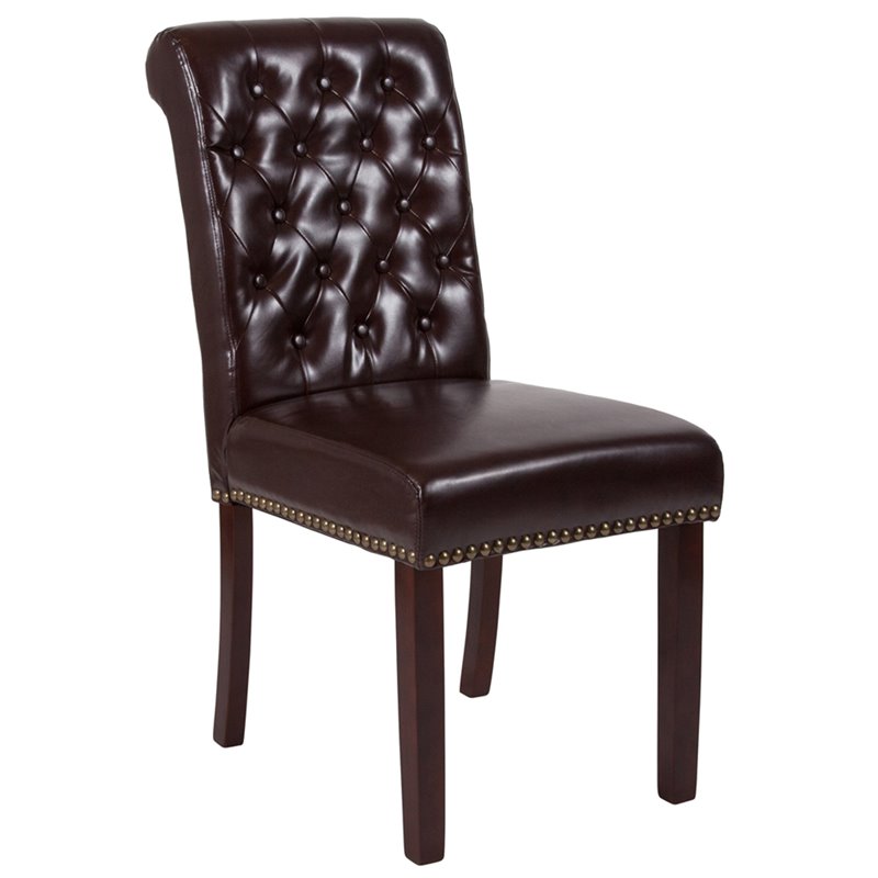 Bowery Hill Leather Upholstered Parson Dining Side Chair in Brown