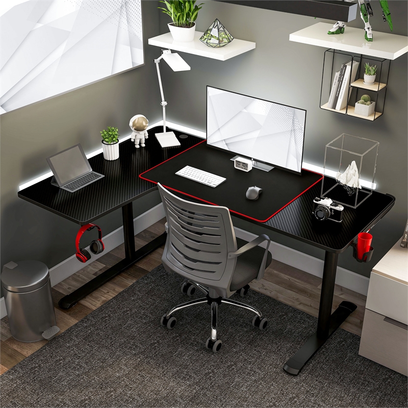 Bowery Hill Modern Metal Gaming Desk with Outlets in Black
