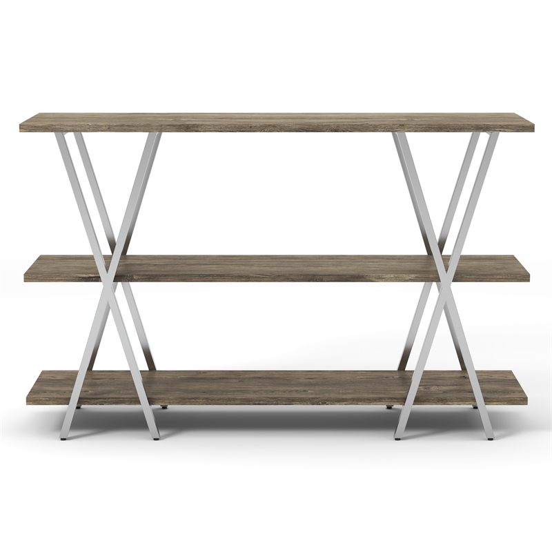 Bowery Hill Industrial 3-Tier Console Table in Chrome and Dark Oak Finish