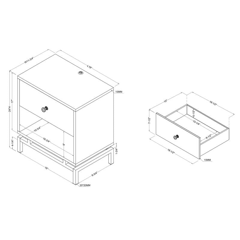 Bowery Hill Wood End Table Set with USB Port in White Marble Finish