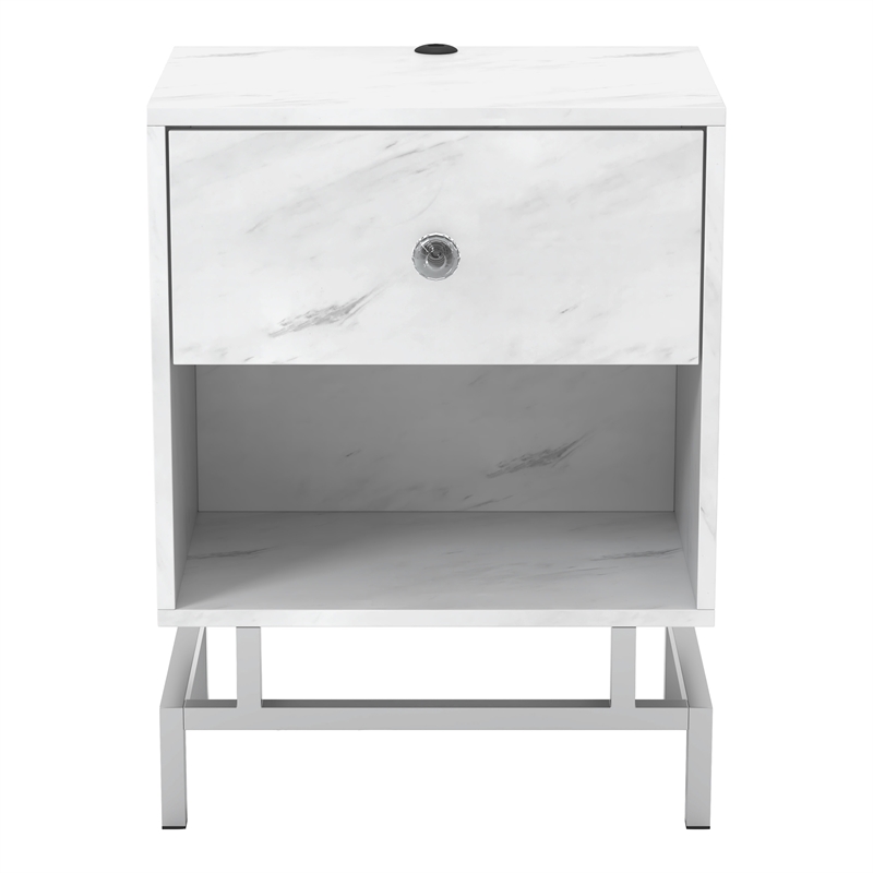 Bowery Hill Wood End Table Set with USB Port in White Marble Finish