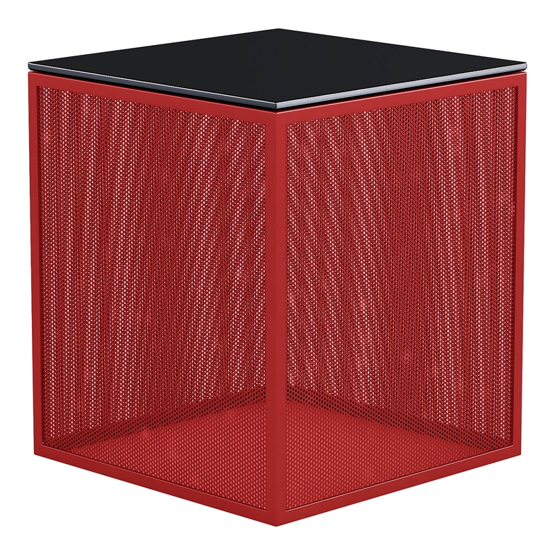 Bowery Hill Red Side Table with Tempered Glass Top and Steel Mesh