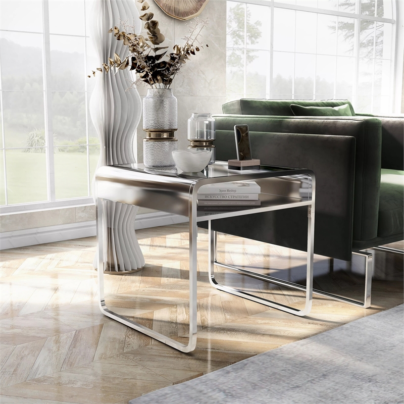 Bowery Hill Contemporary Glass and Chrome End Table with Mirrored Shelf