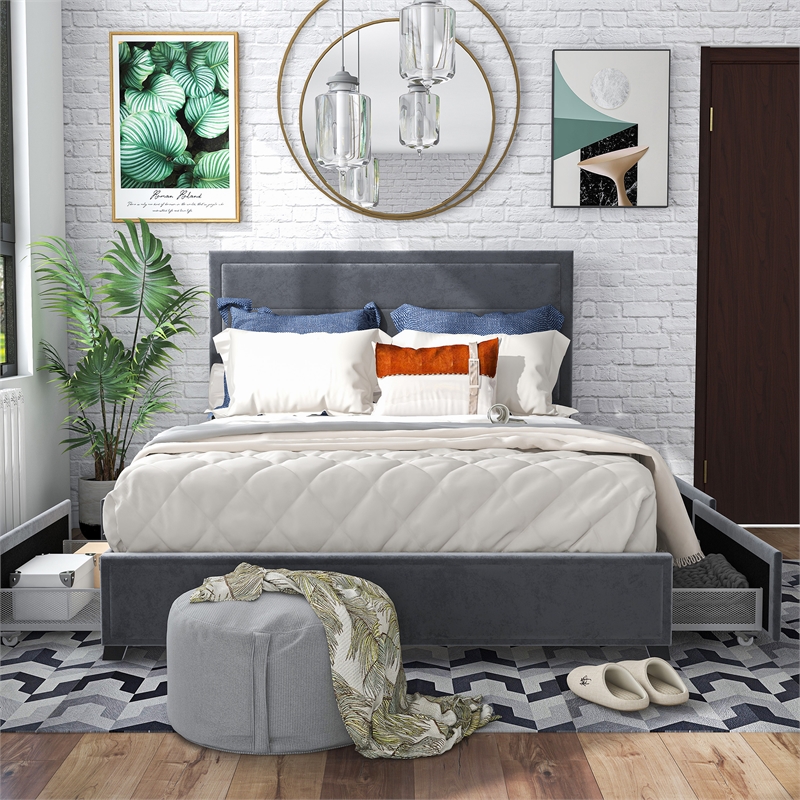 Bowery Hill Platform Fabric Full Bed with Drawers in Gray
