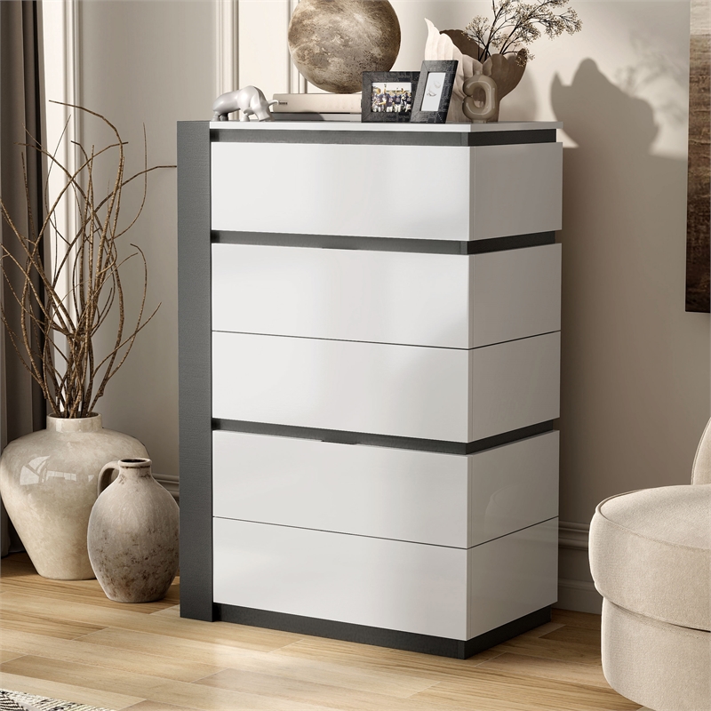 Bowery Hill Contemporary 5-Drawer Solid Wood Chest in White with Metallic Gray