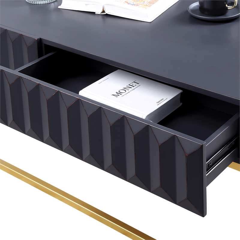 Bowery Hill Metal 2-Drawer Coffee Table in Antique Blue & Gold Finish