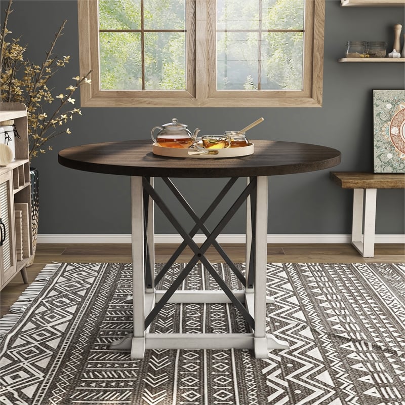 Bowery Hill Rustic Wood Round Dining Table in Antique White Finish