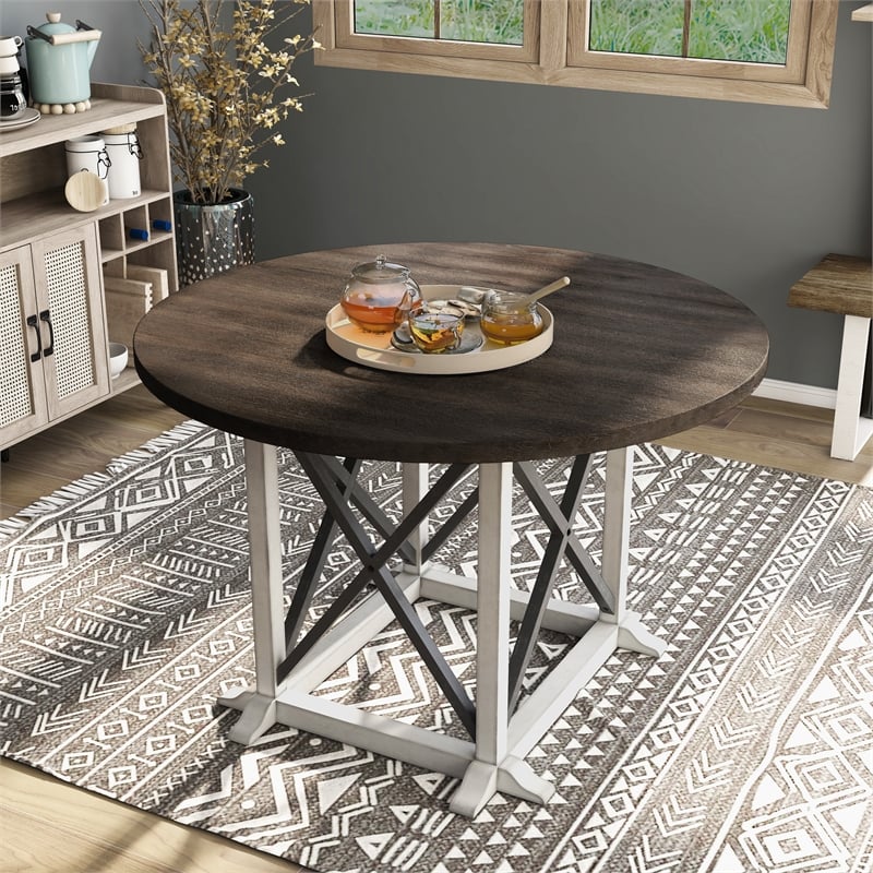 Bowery Hill Rustic Wood Round Dining Table in Antique White Finish