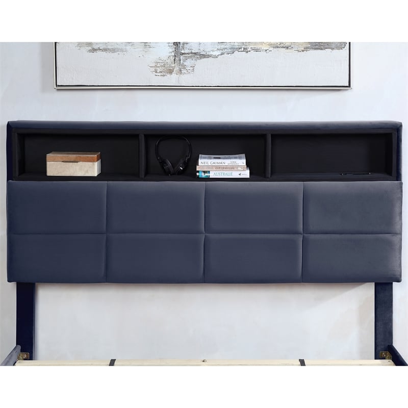 Bowery Hill Upholstered Gray Storage Queen Bed Frame with USB Port