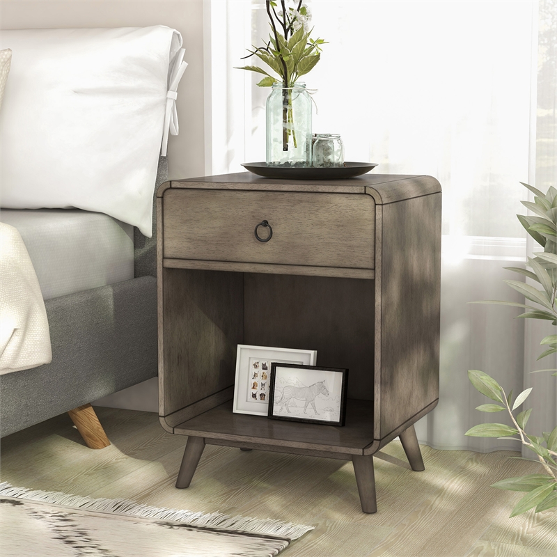 Bowery Hill Mid-Century 1-Drawer Wooden Side Table in Grey Finish