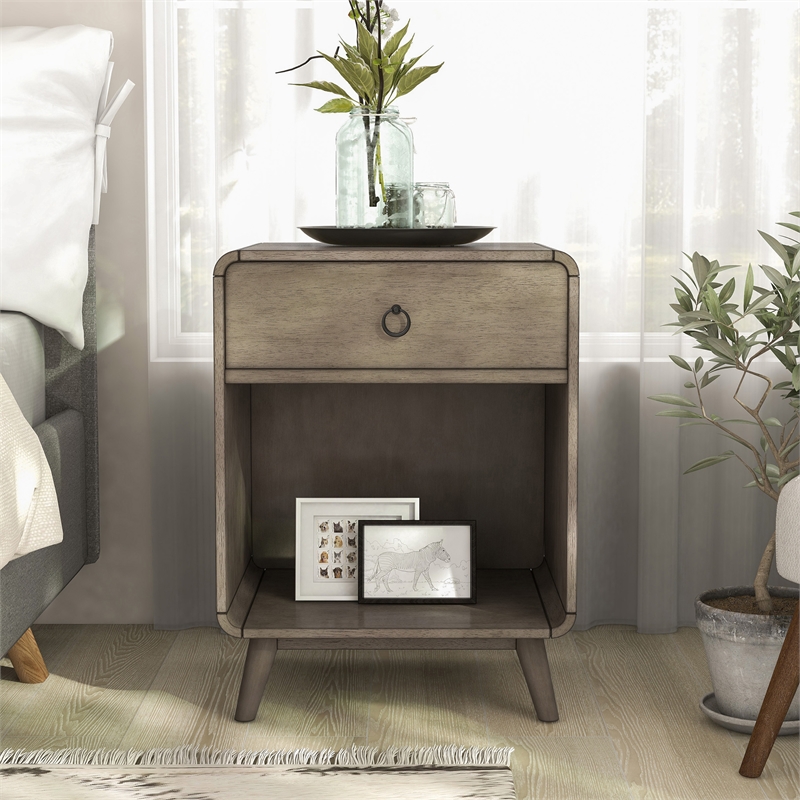 Bowery Hill Mid-Century 1-Drawer Wooden Side Table in Grey Finish