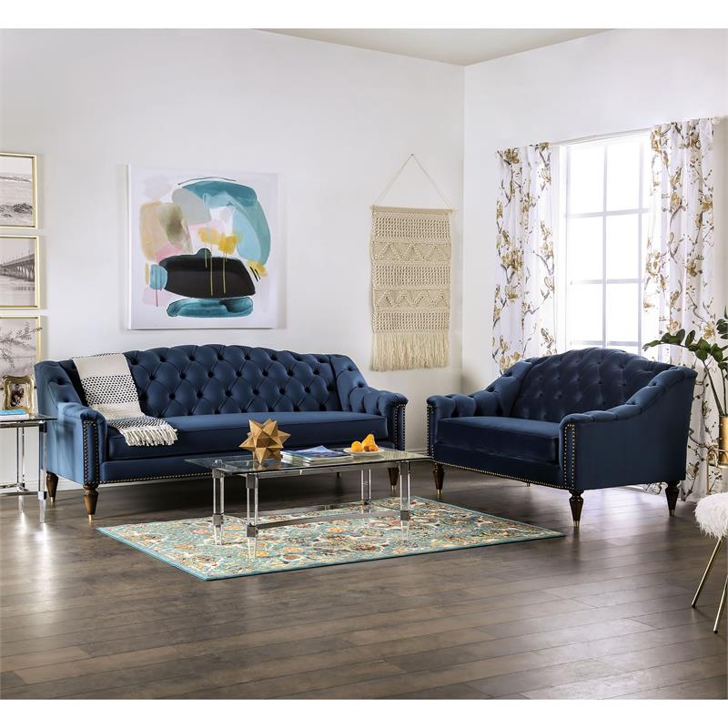 Bowery Hill Transitional Fabric Tufted Sofa with Nailhead Trim in Blue