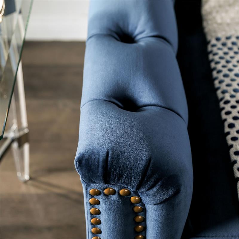 Bowery Hill Transitional Fabric Tufted Sofa with Nailhead Trim in Blue