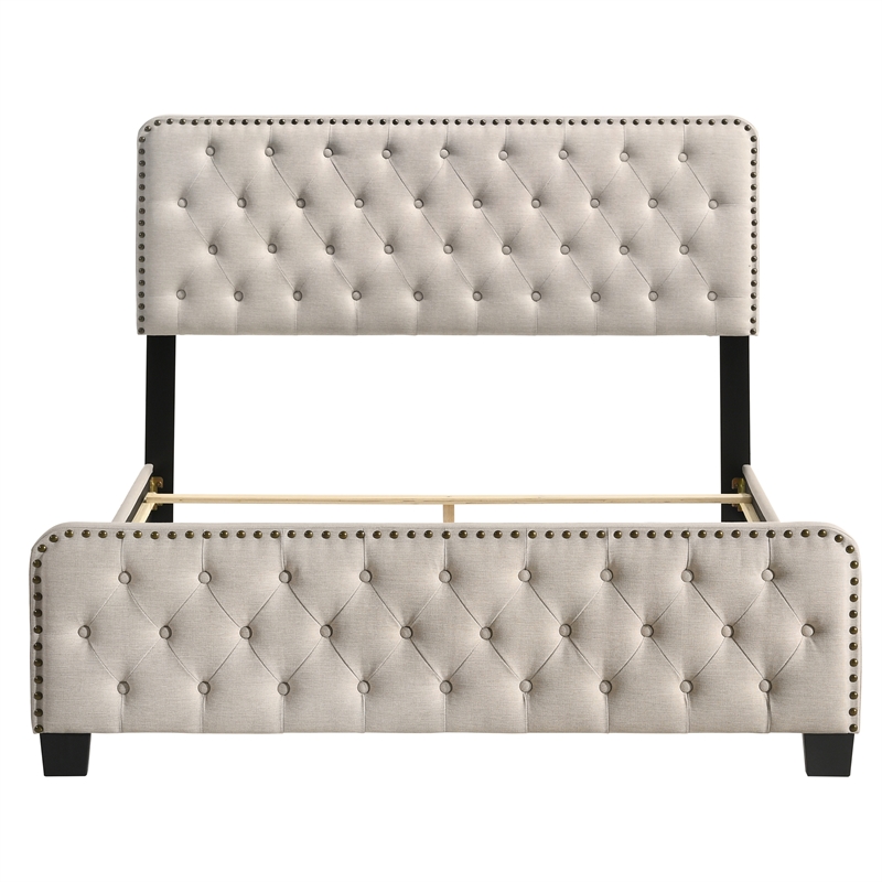 Bowery Hill Beige King Upholstered Wood Bed with Button Tufted Design