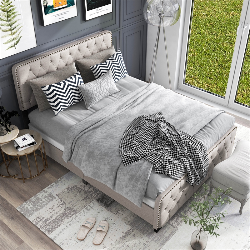 Bowery Hill Beige Queen Upholstered Wood Bed with Button Tufted Design