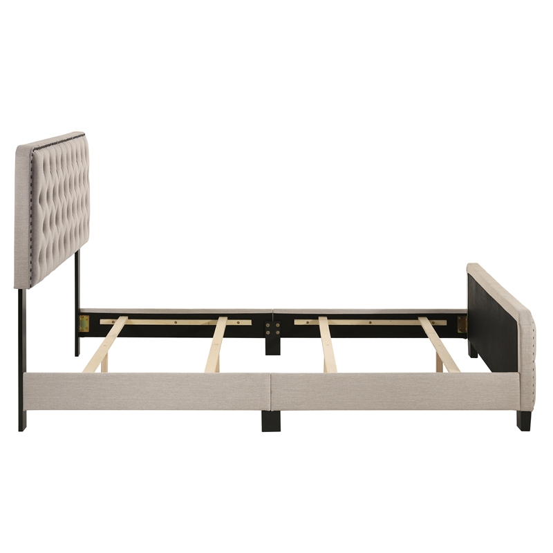 Bowery Hill Beige Queen Upholstered Wood Bed with Button Tufted Design