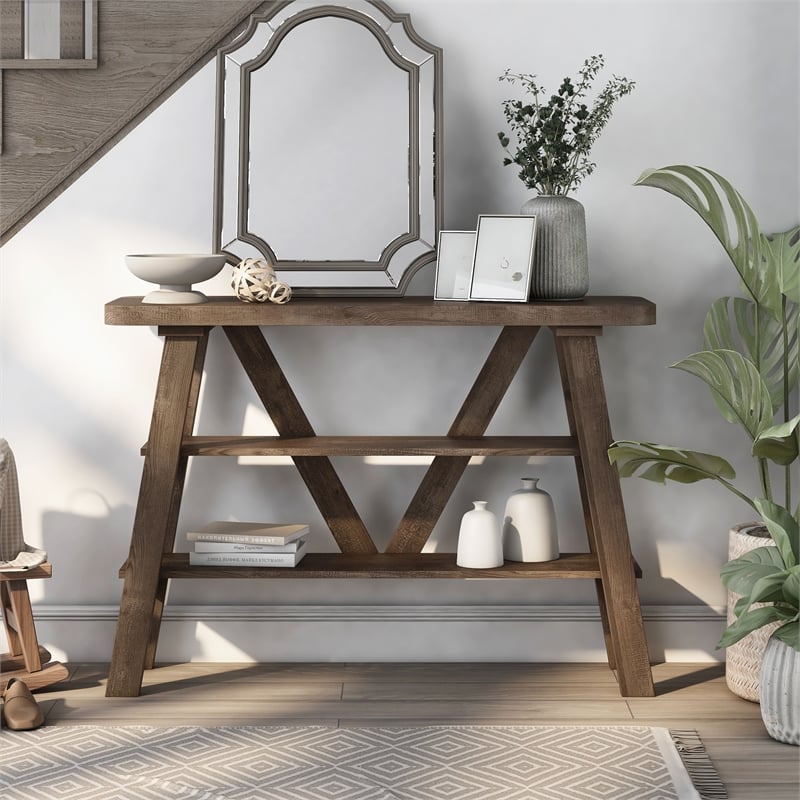 Bowery Hill Wood 2-Shelf Console Table in Reclaimed Oak Finish