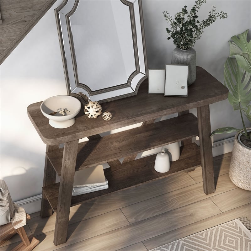 Bowery Hill Wood 2-Shelf Console Table in Reclaimed Oak Finish