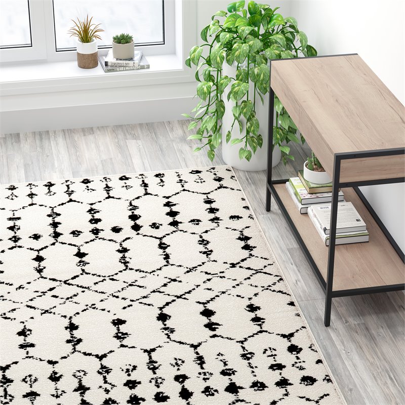 Bowery Hill 8' x 10' Geometric Polyester Area Rug in Ivory and Black