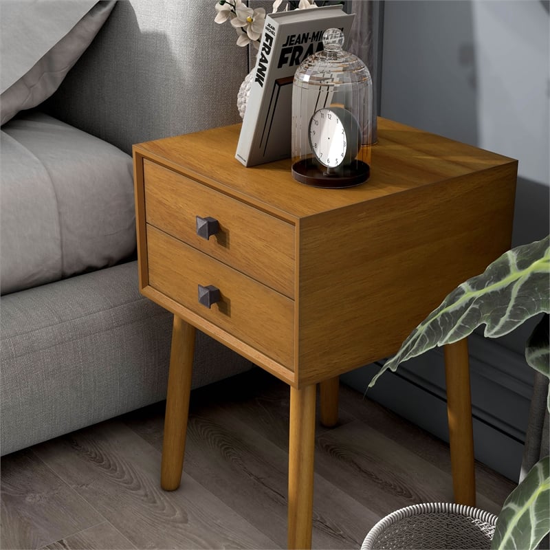 Bowery Hill Mid-Century Modern Wood 2-Drawer Side Table in Light Oak