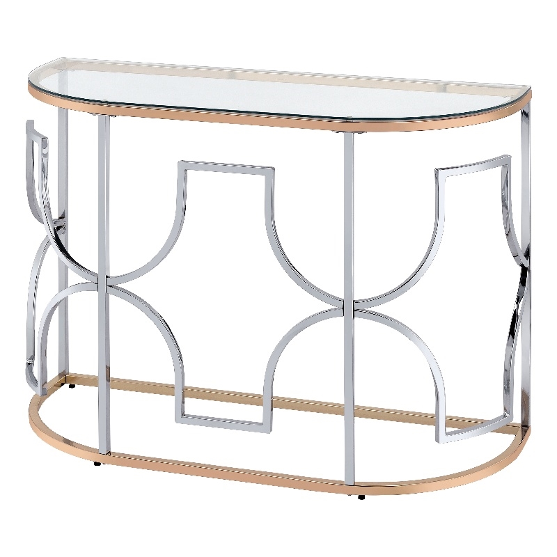 Bowery Hill Semi-Round Sofa Table with Glass Top in Chrome and Gold