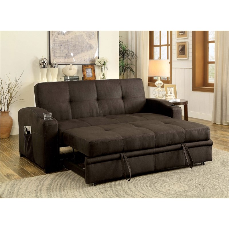 Bowery Hill Transitional Fabric Convertible Sofa with Cup Holders in Brown