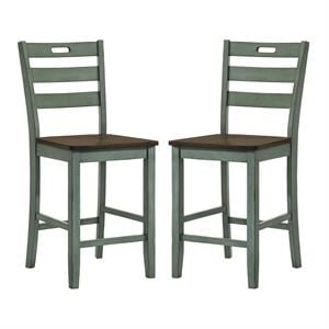 Bowery Hill Wood Counter Height Chair Set of 2 in Antique Green and Oak