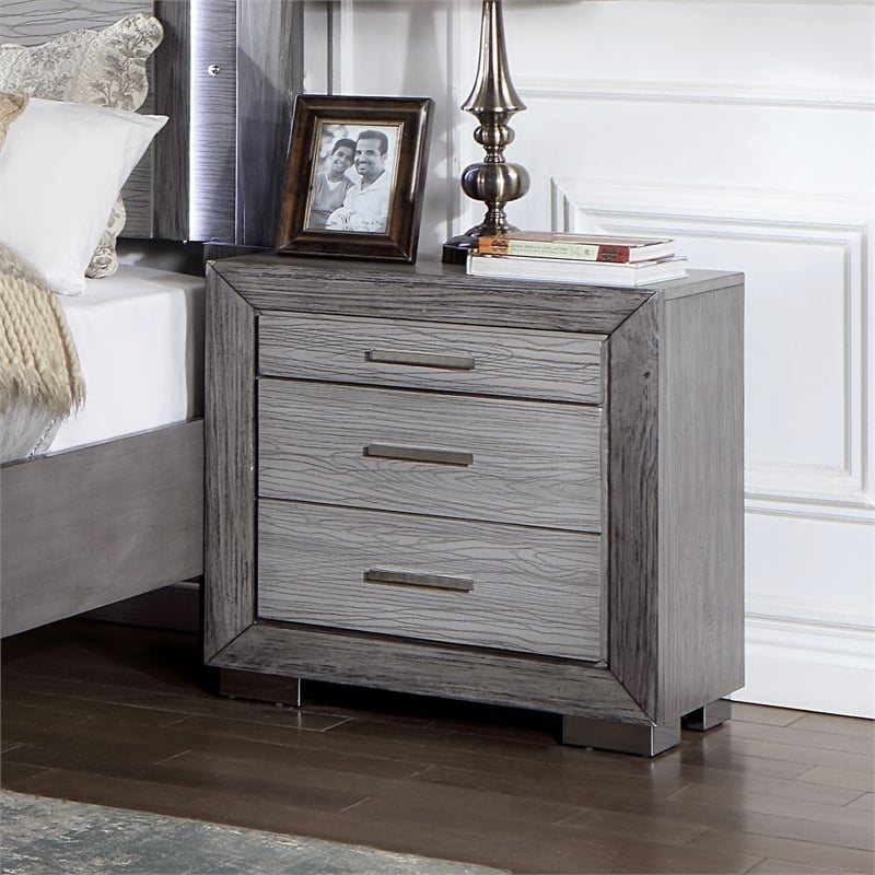 Bowery Hill Transitional Gray Wood Nightstand with USB Ports