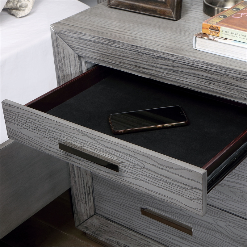 Bowery Hill Transitional Gray Wood Nightstand with USB Ports